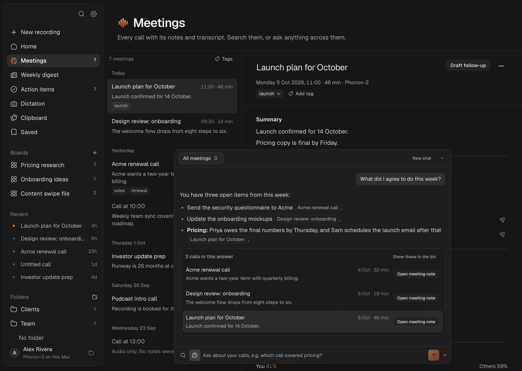 The Meetings page answering What did I agree to do this week, with the three calls it used