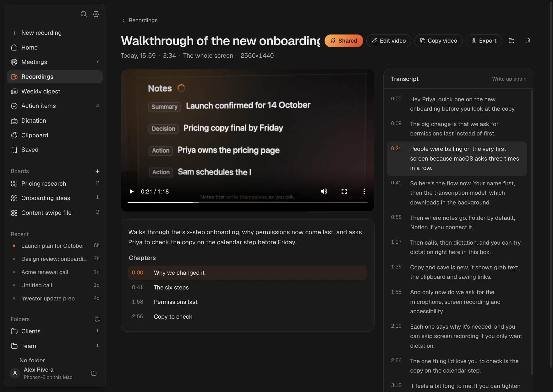 A screen recording in Ember: the video, its summary and chapters, and the transcript beside it