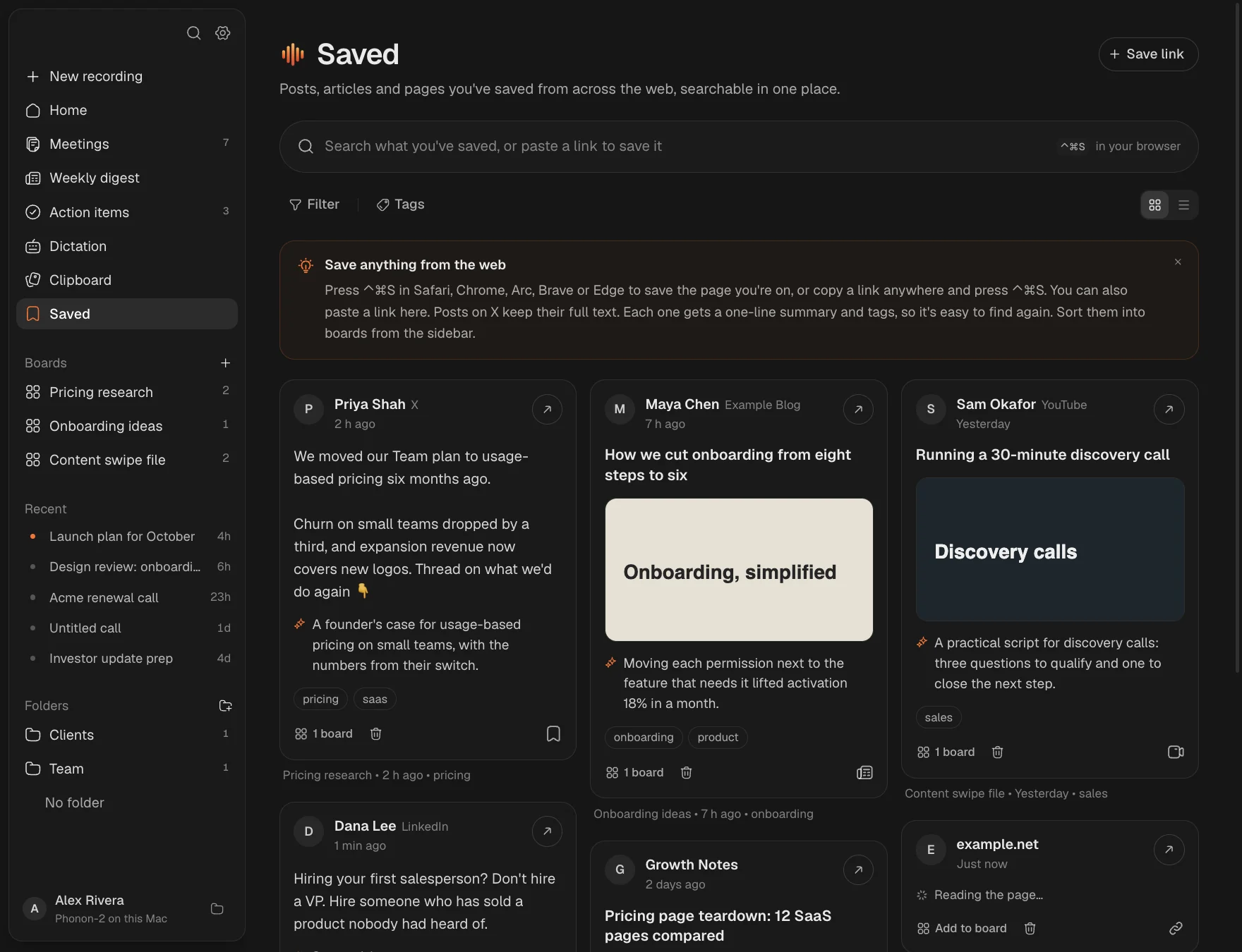 The Saved page: cards for posts, articles and videos with summaries and tags, and boards in the sidebar